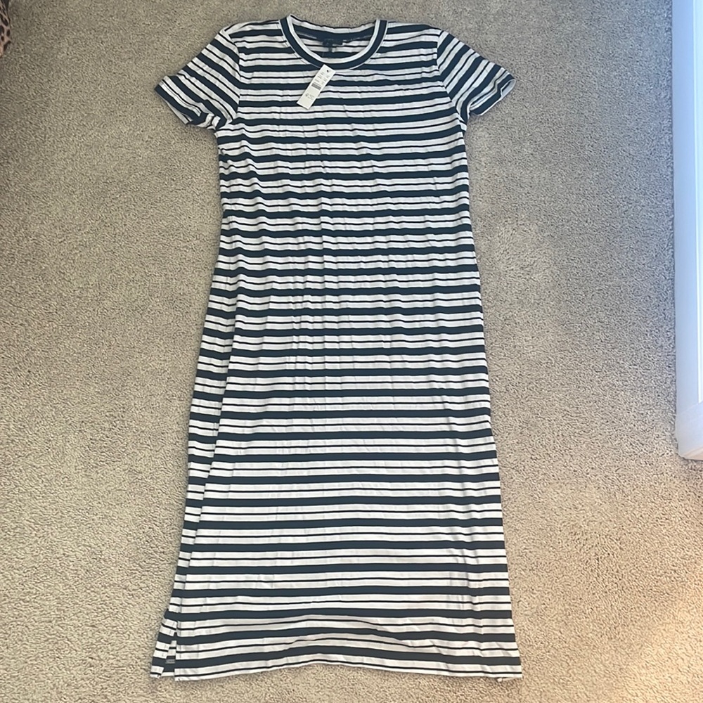 Navy and white striped J. Crew midi dress